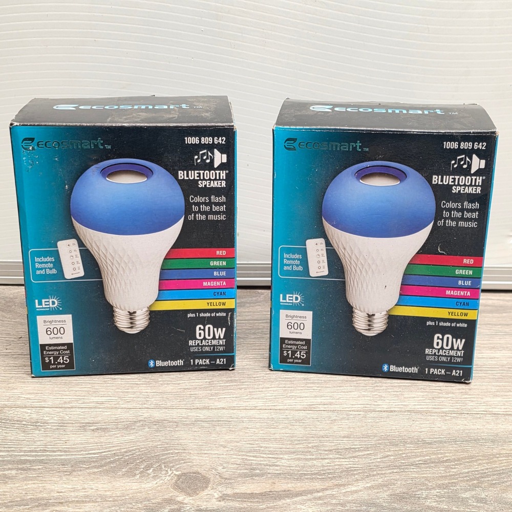 2 Pack EcoSmart Bluetooth Speaker LED Light Bulbs RGB Color Changing 60W A21 E26